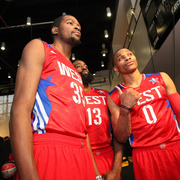 Kevin Durant #35, James Harden #13, and Russell Westbrook #0 of the Western Conference All-Stars take a photo before the 2013 NBA All-Star Game on February 17, 2013 at Toyota Center in Houston, Texas.