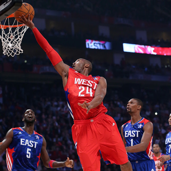 Kobe Bryant #24 of the Los Angeles Lakers and the Western Conference goes up for a shot against Kevin Garnett #5 of the Boston Celtics and the Eastern Conference in the first quarter during the 2013 NBA All-Star game at the Toyota Center on February 17, 2013 in Houston, Texas.