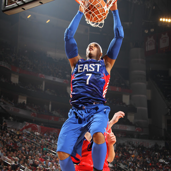 Carmelo Anthony #7 of the Eastern Conference All-Star Team dunks during 2013 NBA All-Star Game on February 17, 2013 at the Toyota Center in Houston, Texas.