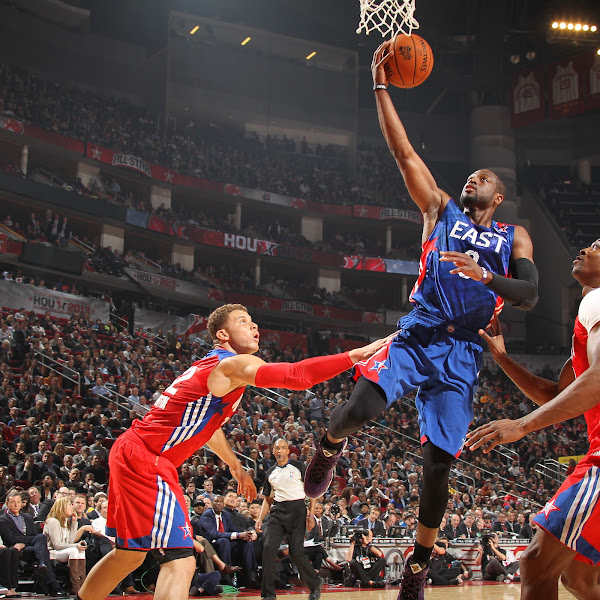 Dwayne Wade #3 of the Eastern Conference All-Star Team shoots over Blake Griffin #32 of the Western Conference All-Star Team during 2013 NBA All-Star Game on February 17, 2013 at the Toyota Center in Houston, Texas.