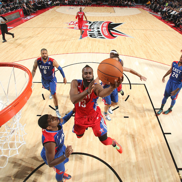 James Harden #13 of the Western Conference All-Star Team shoots over Kyrie Irving #2 of the Eastern Conference All-Star Team during 2013 NBA All-Star Game on February 17, 2013 at the Toyota Center in Houston, Texas.