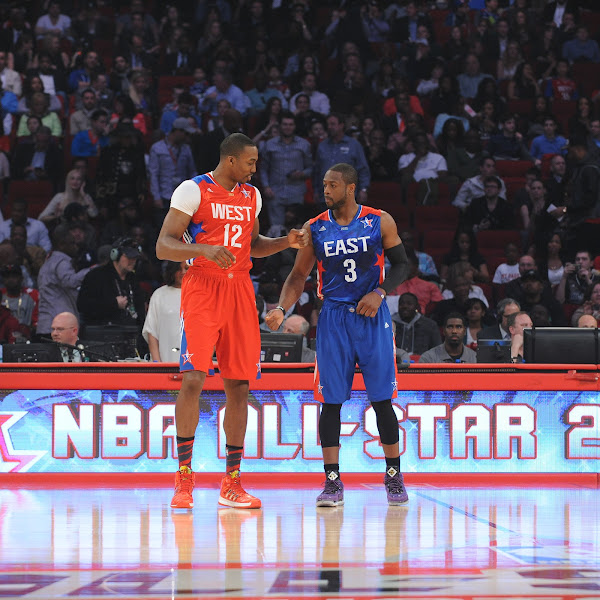 Dwyane Wade #3 of the Eastern Conference All-Stars and Dwight Howard #12 of the Western Conference All-Stars during the 2013 NBA All-Star Game presented by Kia on February 17, 2013 at the Toyota Center in Houston, Texas. 