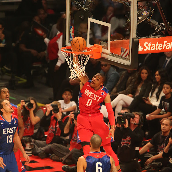 Russell Westbrook #0 of the Western Conference All-Stars goes up for the dunk against the Eastern Conference All-Stars during 2013 NBA All-Star Game on February 17, 2013 at Toyota Center in Houston, Texas.
