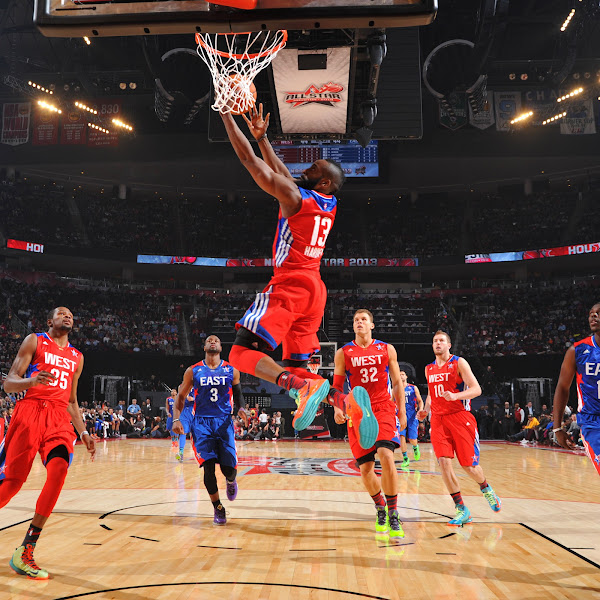 James Harden #13 of the Western Conference All-Stars goes to the basket against the Eastern Conference All-Stars during 2013 NBA All-Star Game on February 17, 2013 at the Toyota Center in Houston, Texas.