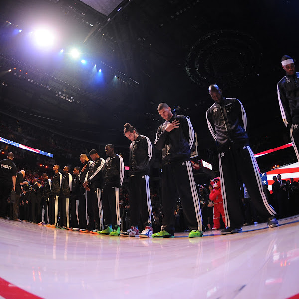 The Eastern Conference All-Stars stand during the national anthem during the 2013 NBA All-Star Game presented by Kia on February 17, 2013 at the Toyota Center in Houston, Texas.